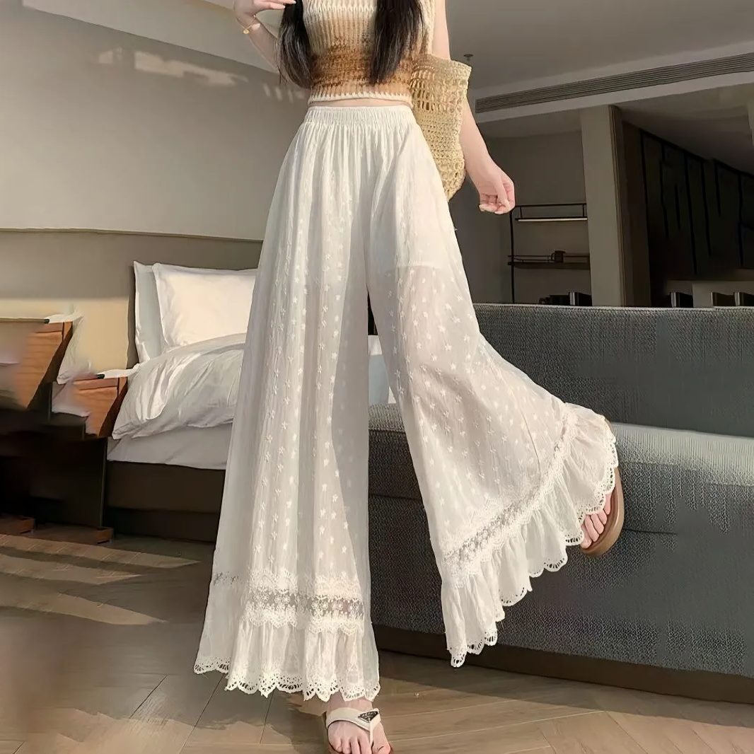 Palazzo Pant Wide - Women White Elastic High Waist Wide