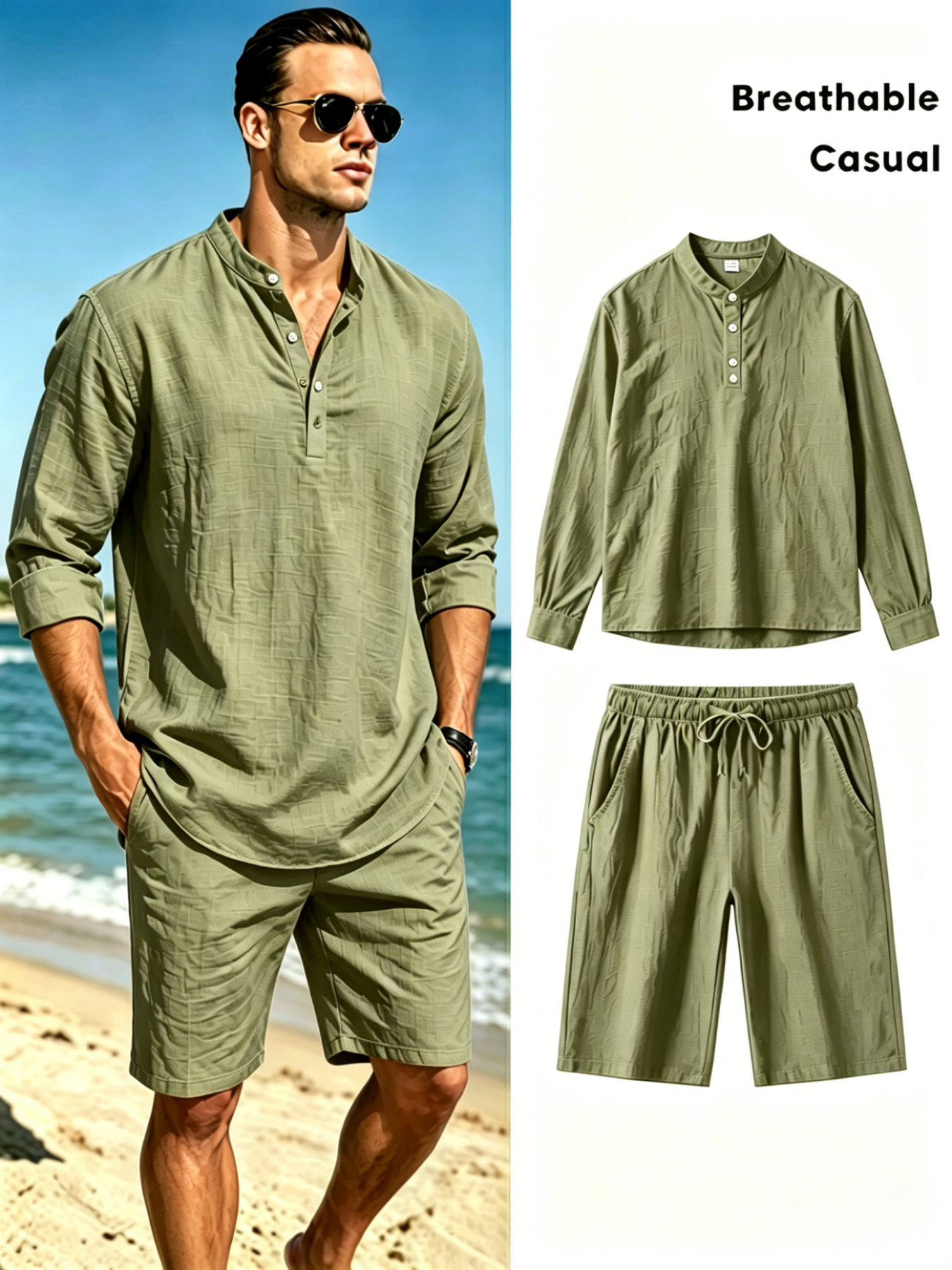 Men's Cotton Linen Henley Shir - Summer Clothing Sets Men review and price