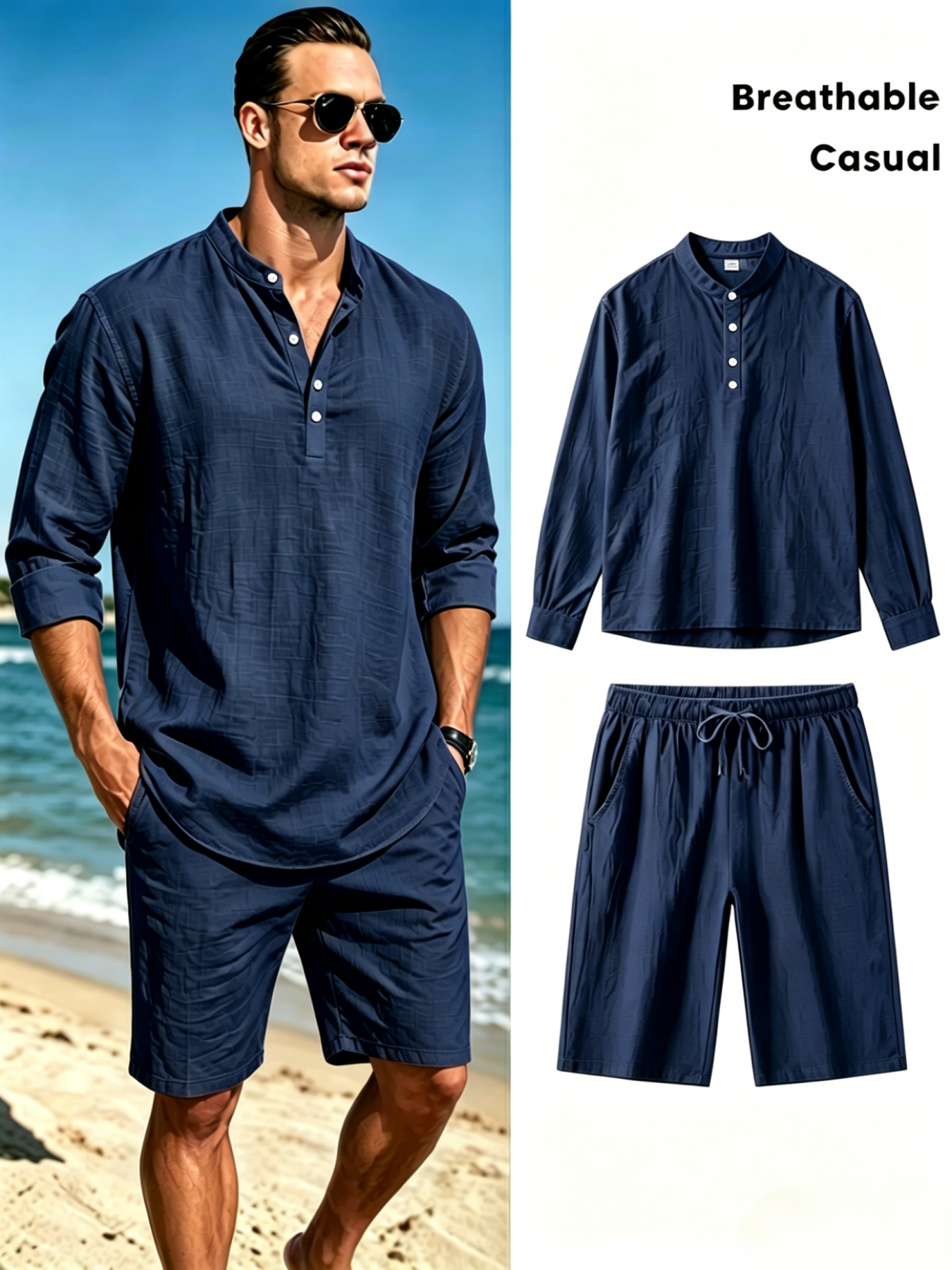 Men's Cotton Linen Henley Shir - Summer Clothing Sets Men review and price