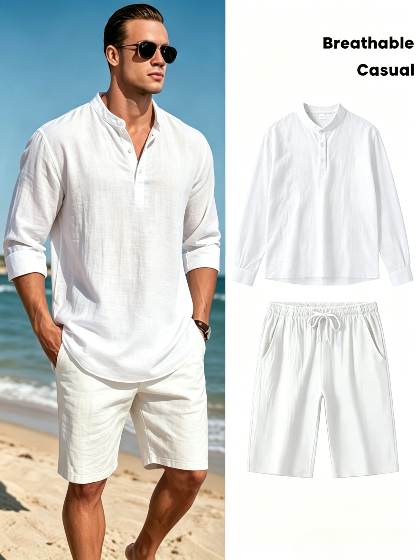 Men's Cotton Linen Henley Shir - Summer Clothing Sets Men review and price