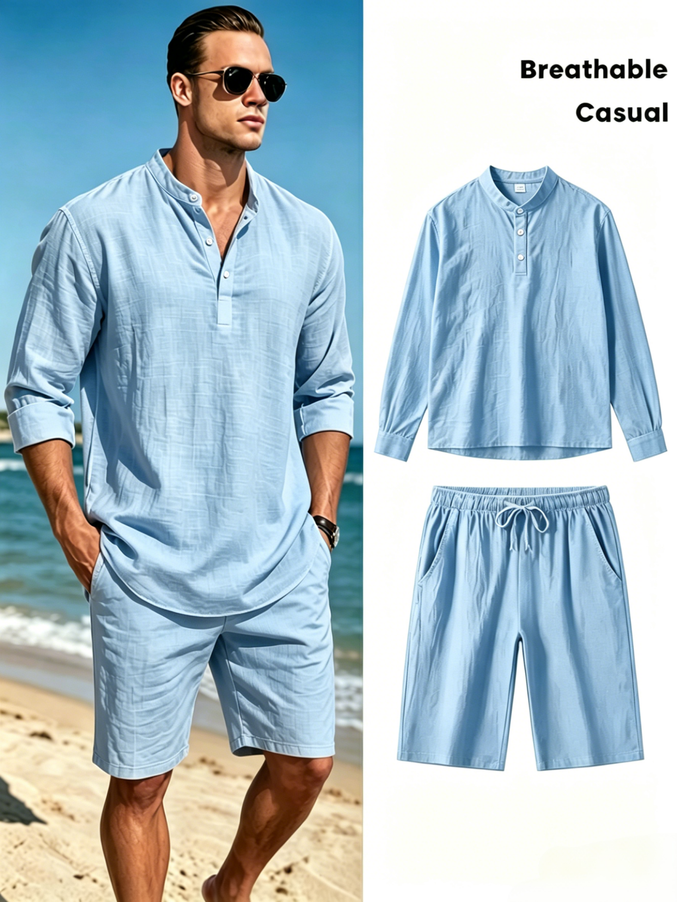 Men's Cotton Linen Henley Shir - Summer Clothing Sets Men review and price