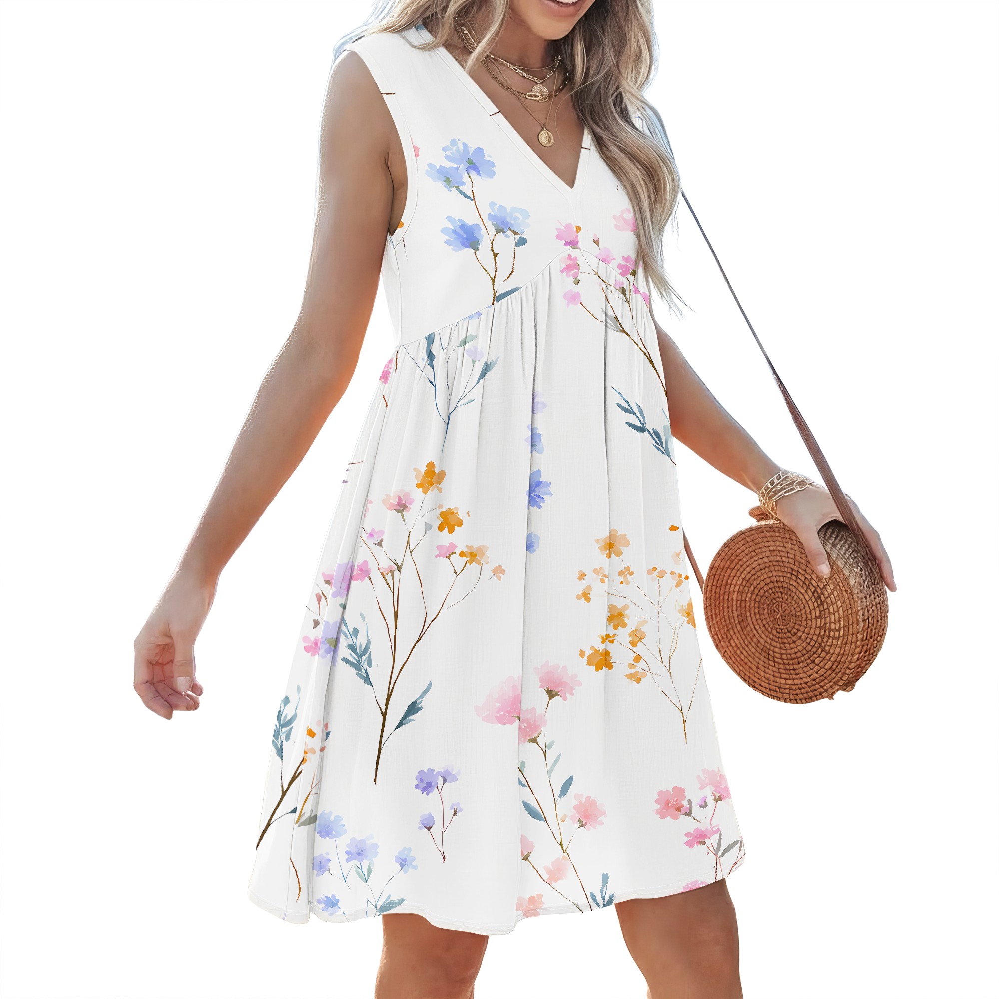 Floral Print, Sleeveless Dress - Sundress Midi Floral review and price