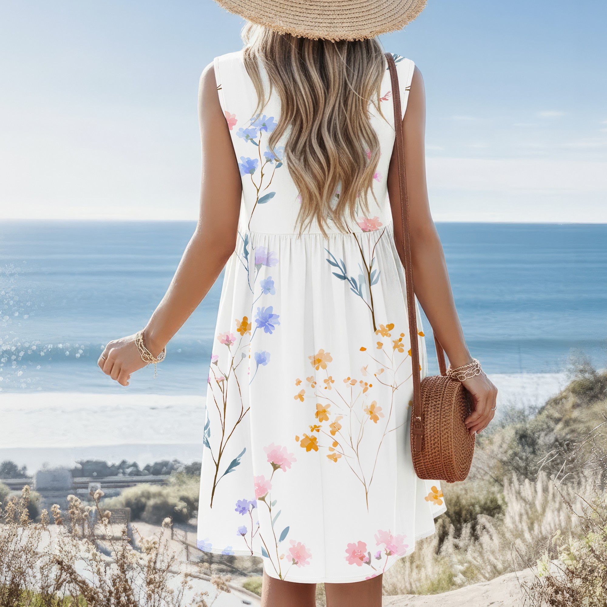 Floral Print, Sleeveless Dress - Sundress Midi Floral review and price