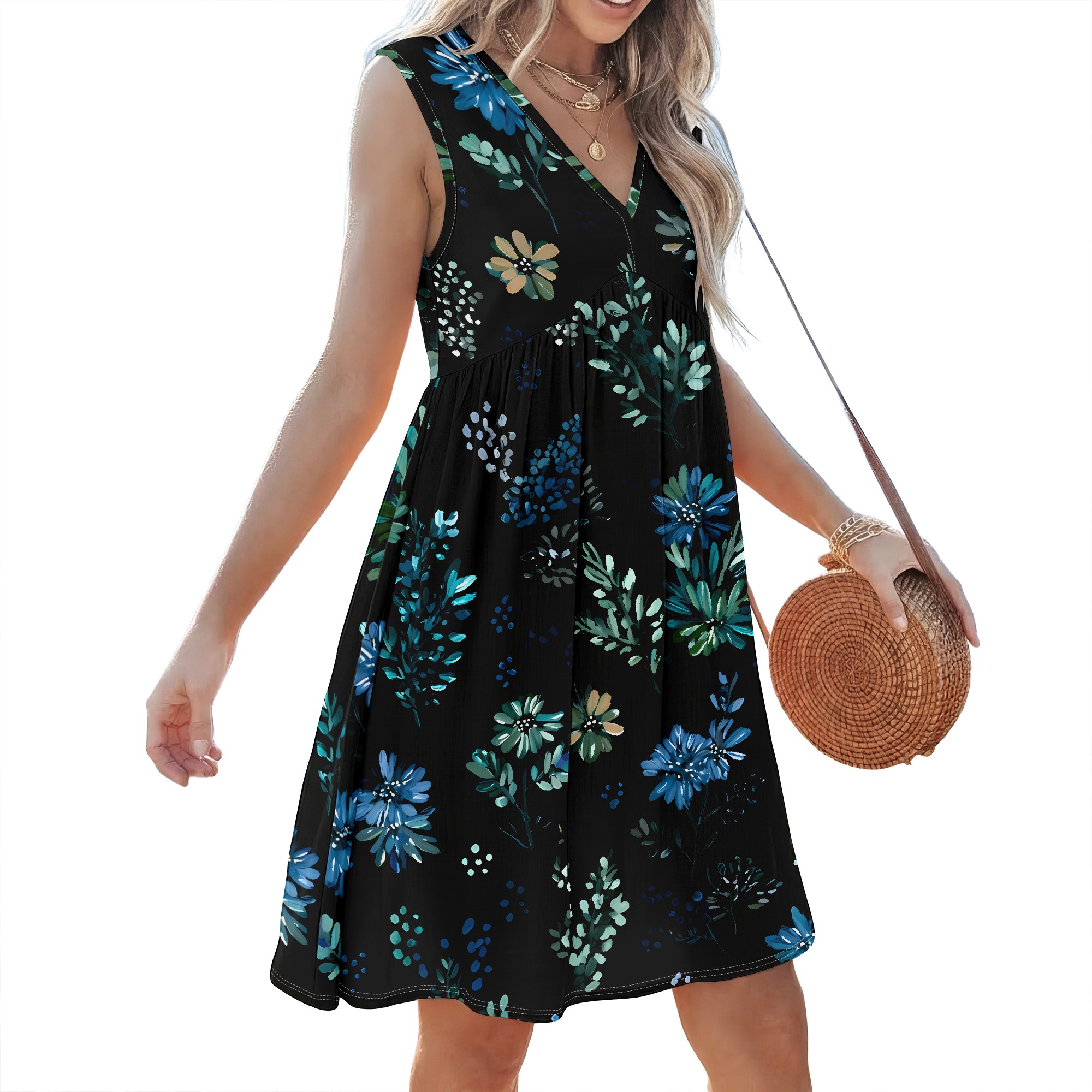 Floral Print Sleeveless V-Neck - Sundress Midi Floral review and price