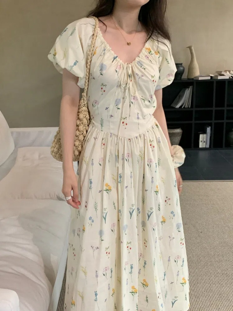 Vintage V Neck Puff Sleeve Lon - Sundress Midi Floral review and price