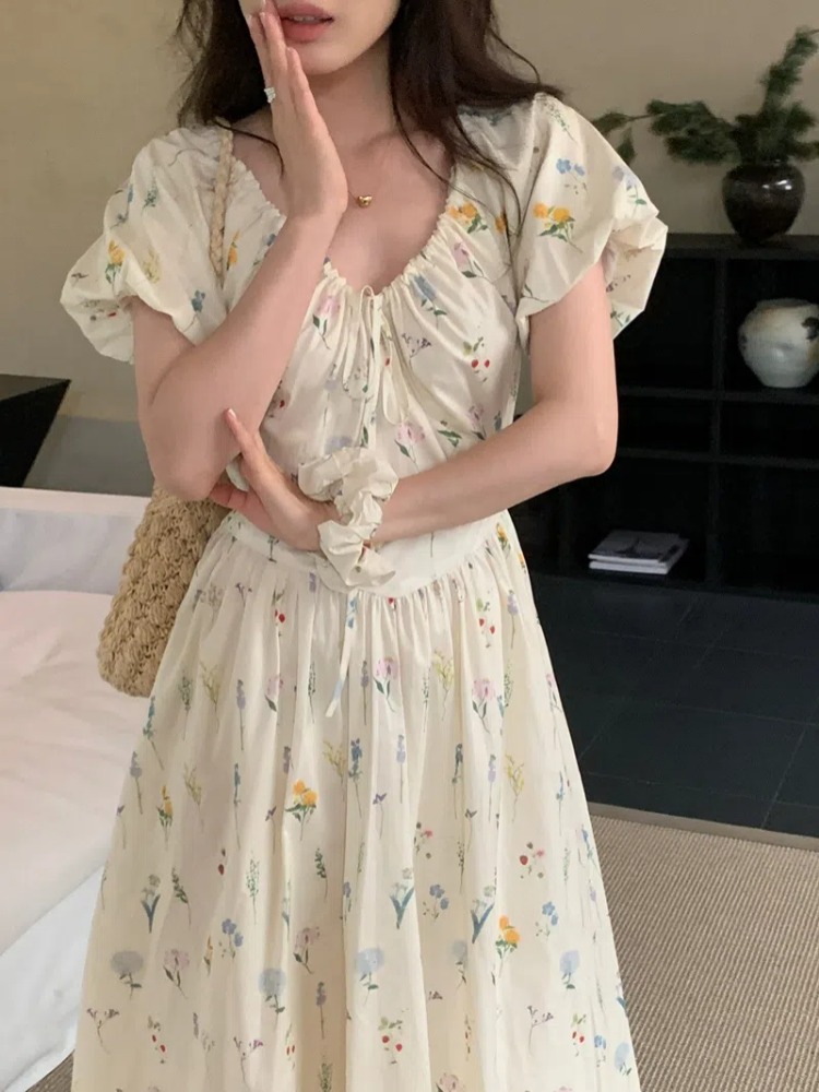 Vintage V Neck Puff Sleeve Lon - Sundress Midi Floral review and price