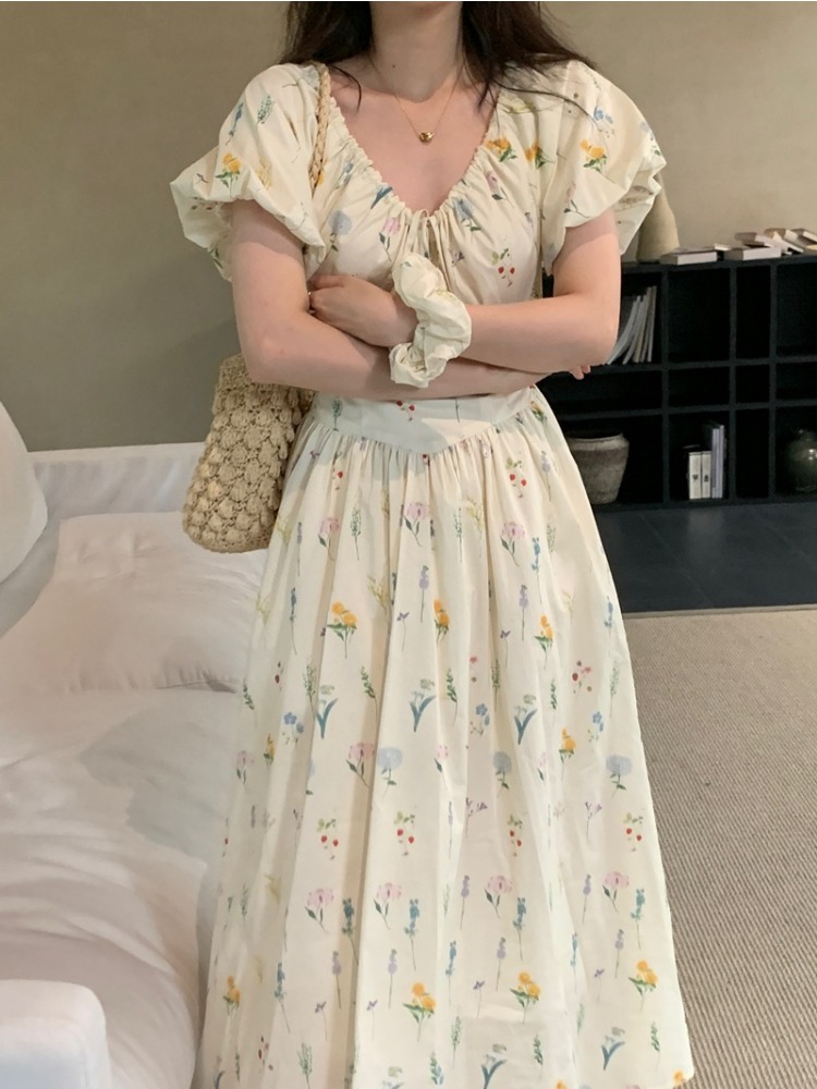 Vintage V Neck Puff Sleeve Lon - Sundress Midi Floral review and price