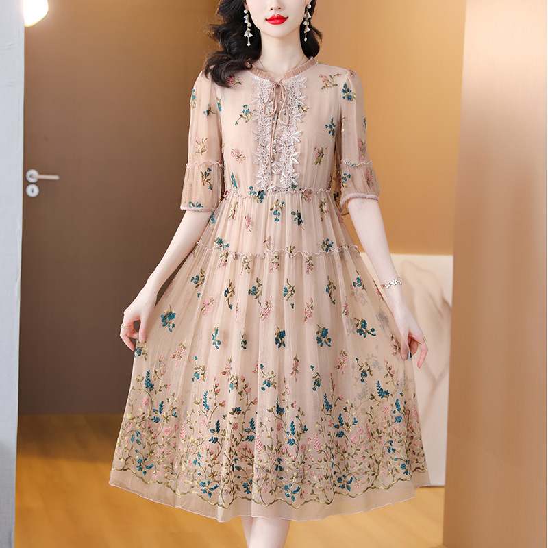 Women Floral Natural Silk Embr - Sundress Midi Floral review and price