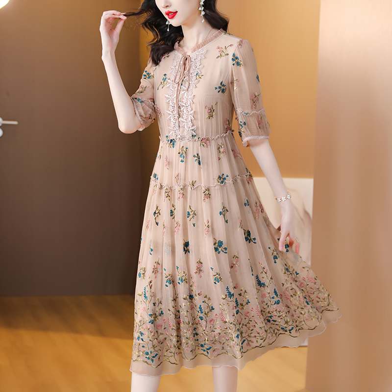 Women Floral Natural Silk Embr - Sundress Midi Floral review and price